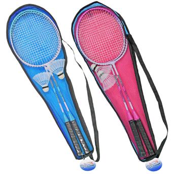 Badminton Set mit 2 Schlägern und 2 Federbällen, blau und pink sortiert, 68x23x3,5cm