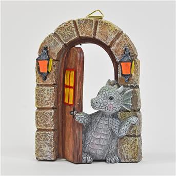 "Fritzi" der Glücksdrache, Deko Drachen mit Tür aus Resin, 11,5x15x4cm