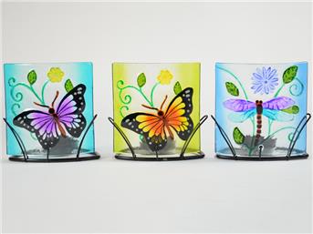 Teelichthalter 3fach sortiert Schmetterling, Metall und Glas, 11x10,5x7,5cm