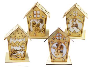 Weihnachtsdeko, Holzhaus mit LED Kerze, sortiert, 12x14x17cm