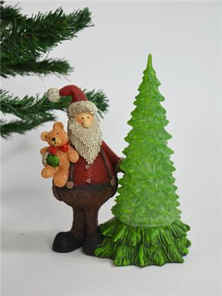 Weihnachtsmann Dekofigur mit Bär und Tannenbaum, mit LED, 15,5x10,3x20,6 cm